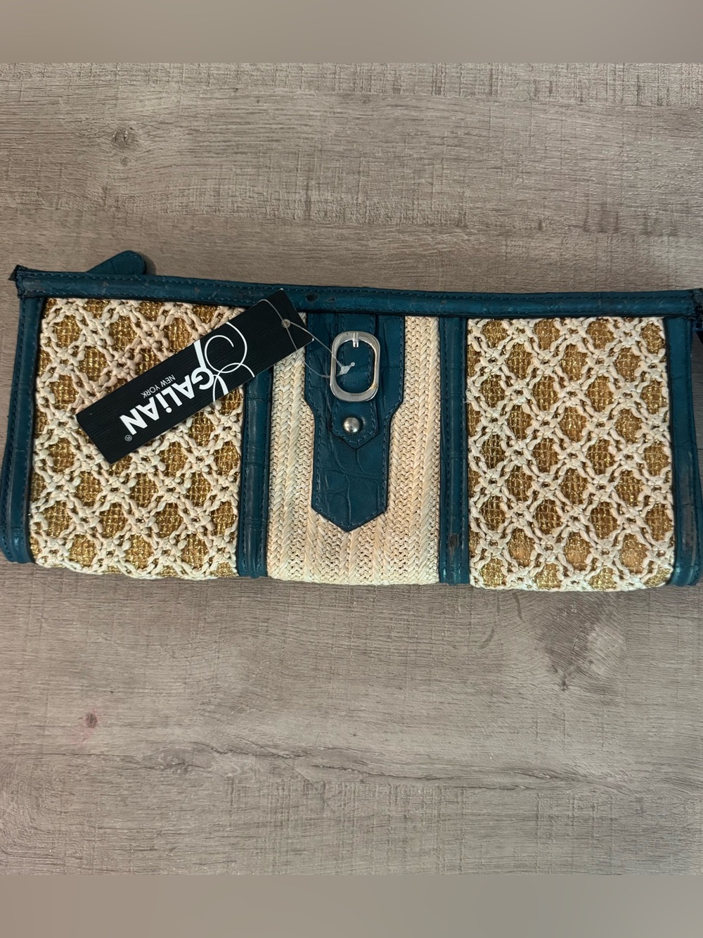 Galian New York aqua+ Gold Woven Raffia Clutch Wristlet | NWT / As-Is